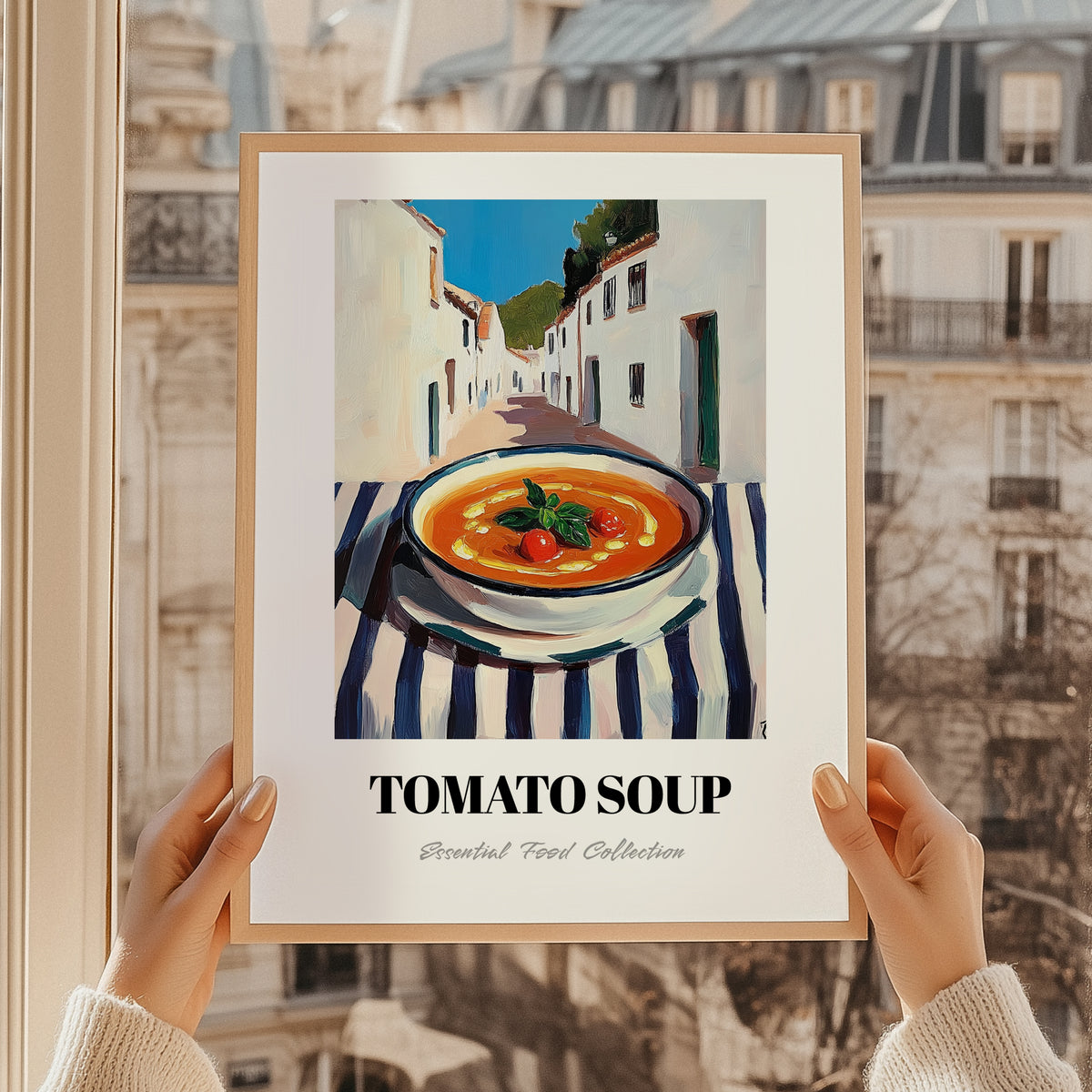 Tomato Soup – White village Outdoor Café Scene, American Food Still Life, styled in a charming Paris street view