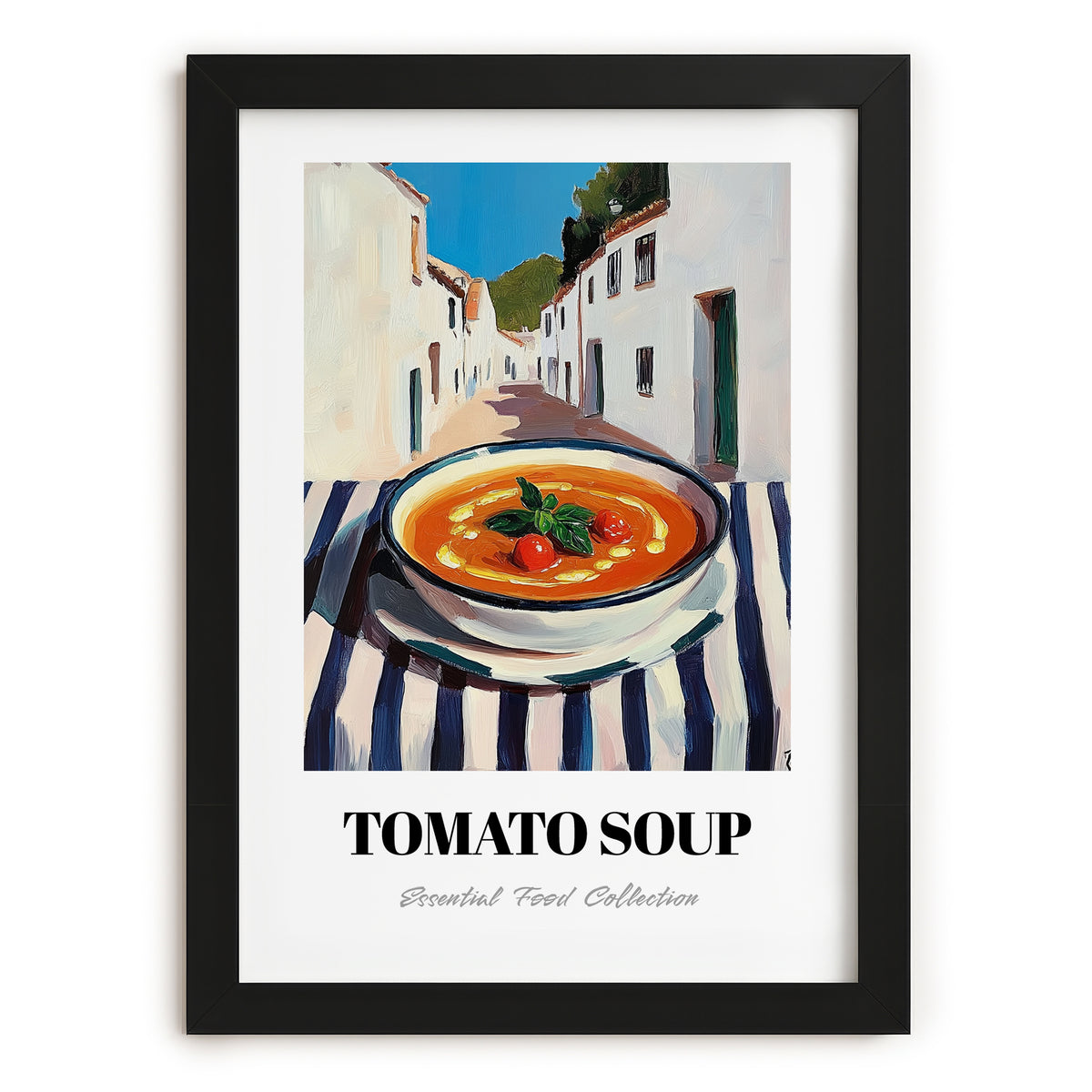 Tomato Soup – White village Outdoor Café Scene, American Food Still Life, in sleek black frame