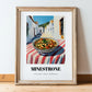 Minestrone – White village Street Café Scene, Italian Food Art, in wooden frame leaning on the floor