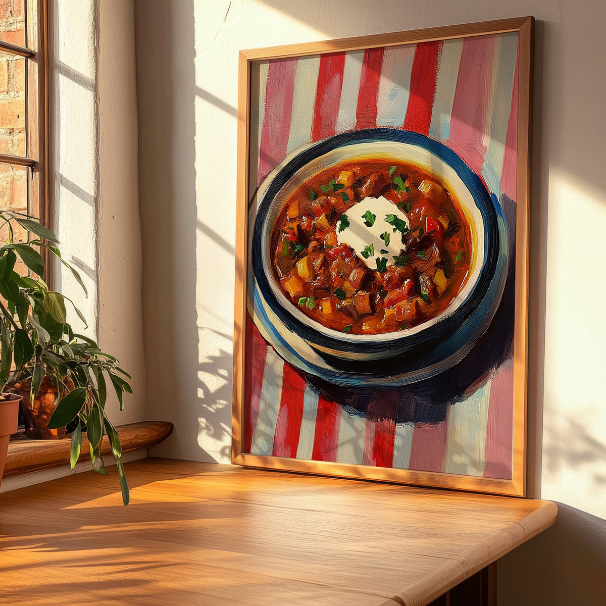 Goulash – on Striped Tablecloth, Hungarian Food Painting, clean layout with no caption