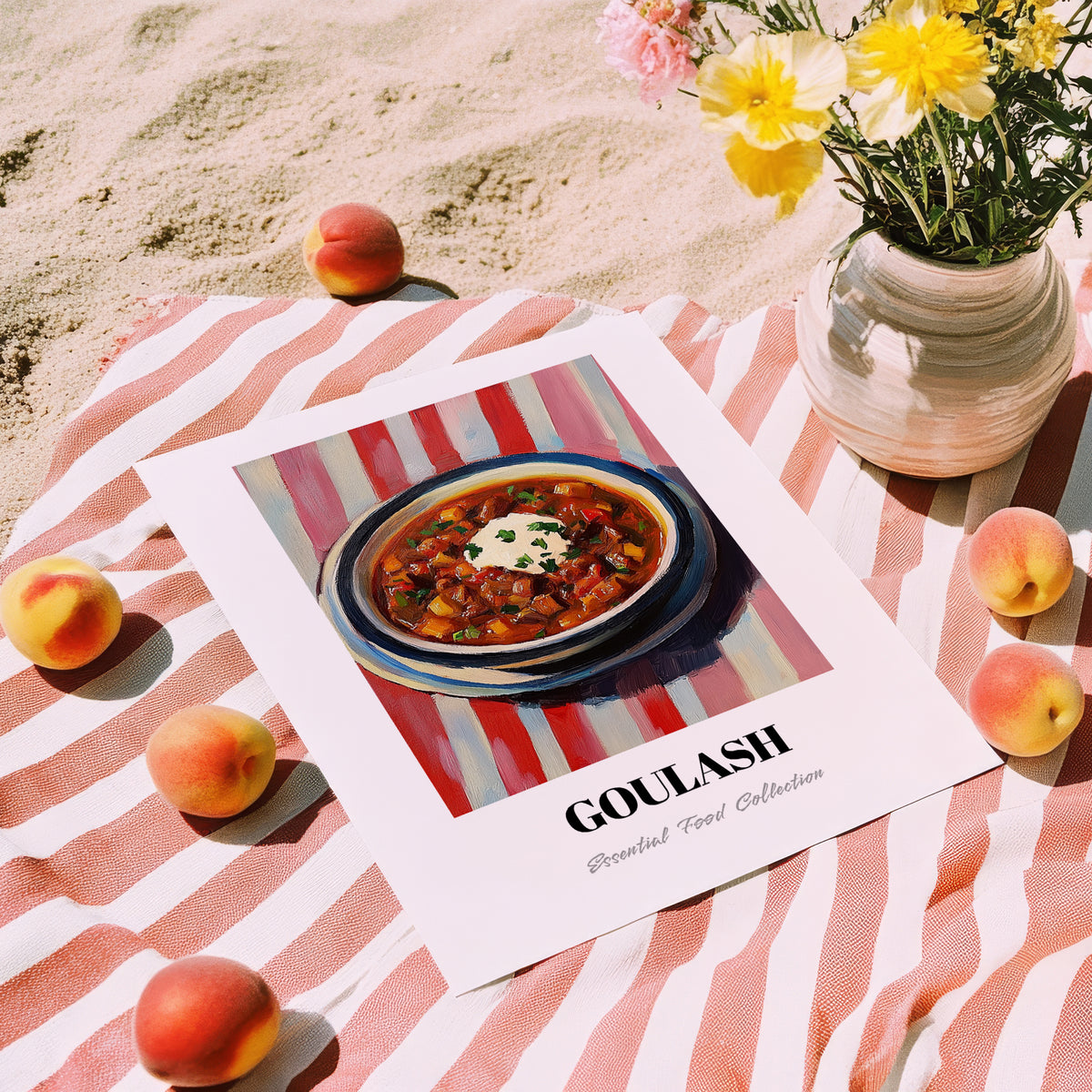 Goulash – on Striped Tablecloth, Hungarian Food Painting, unframed on coastal sand