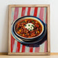 Goulash – on Striped Tablecloth, Hungarian Food Painting, no-text version framed in wood