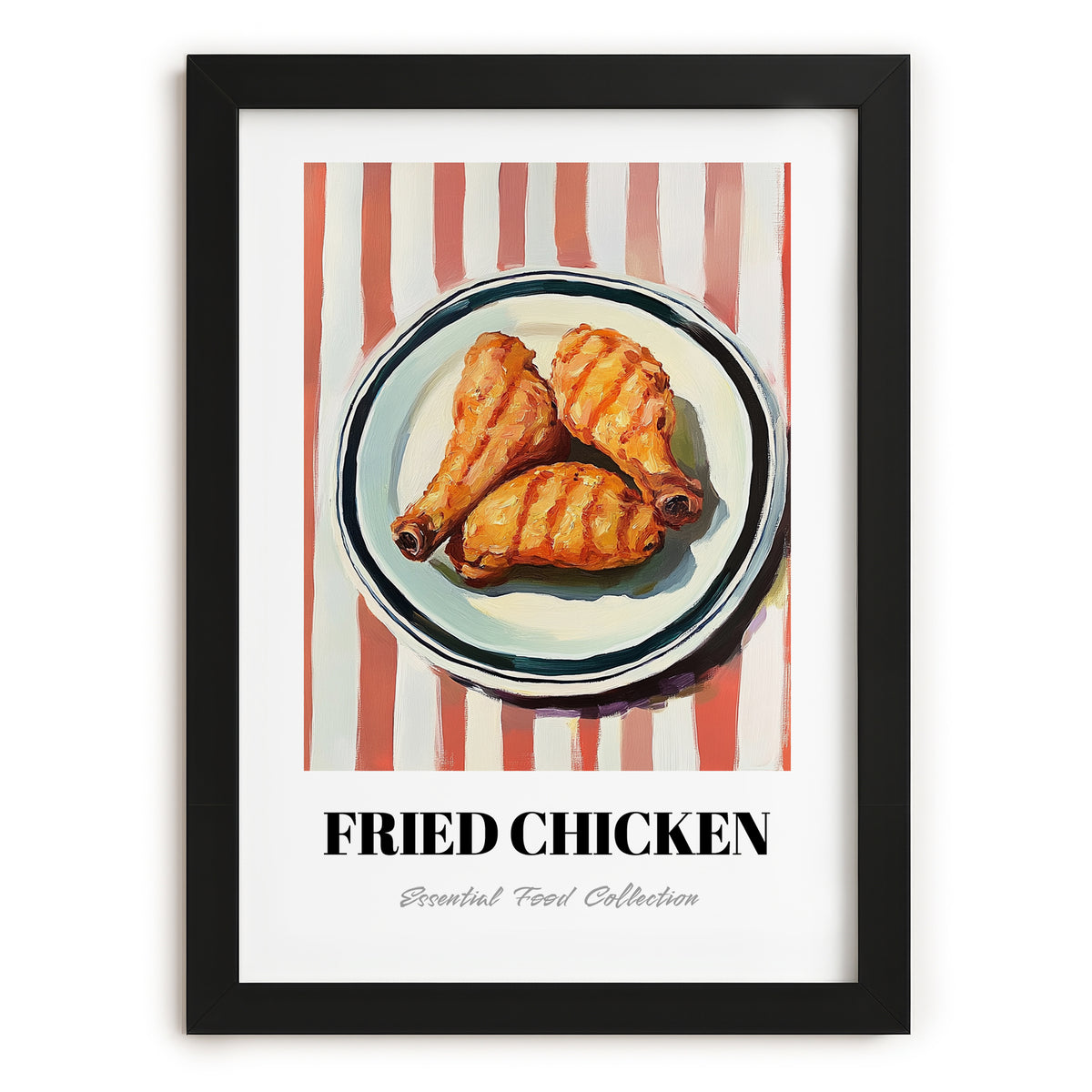 Fried Chicken – on Striped Tablecloth, American Food Still Life, in sleek black frame