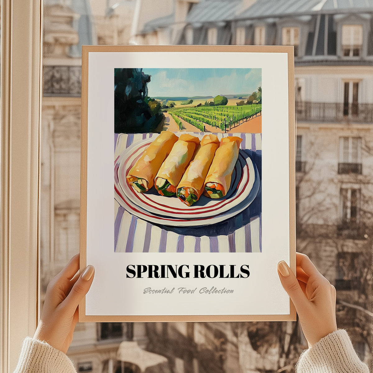 Spring Rolls – Hilltop Table Scene, Chinese Food Painting, styled in a charming Paris street view
