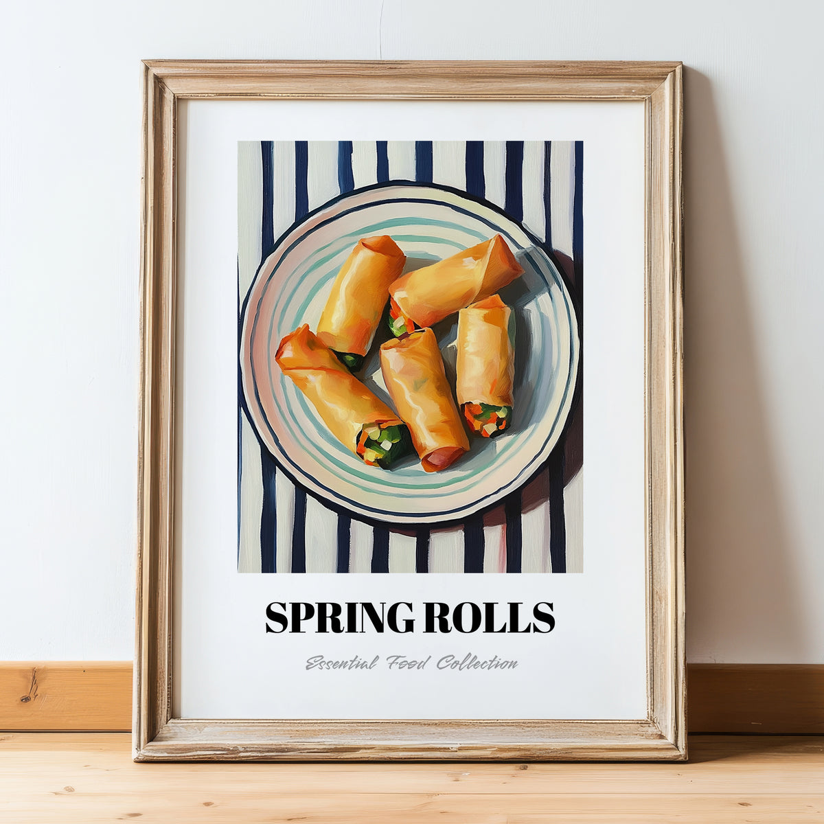 Spring Rolls – on Striped Tablecloth, Chinese Food Wall Decor, in wooden frame leaning on the floor