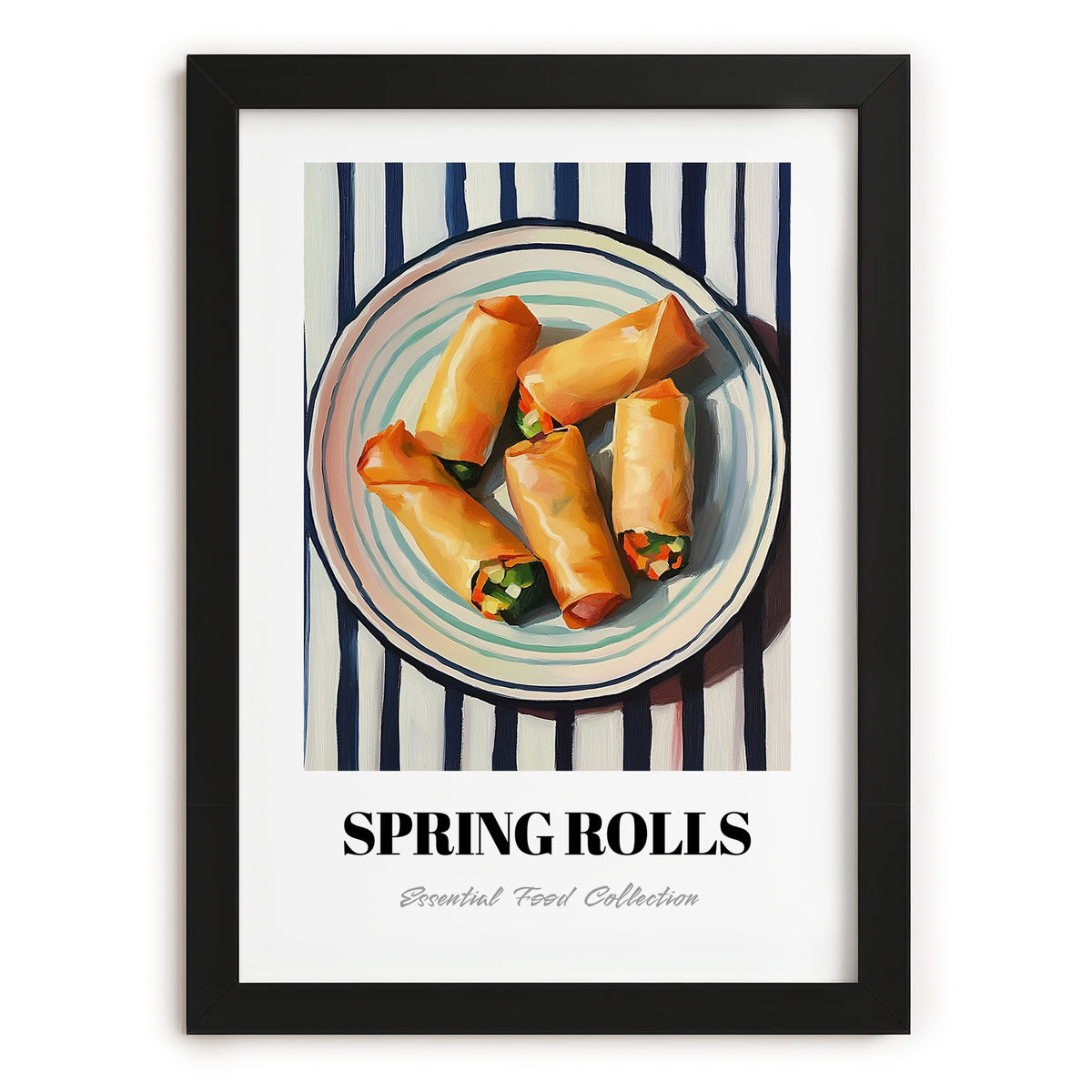 Spring Rolls – on Striped Tablecloth, Chinese Food Wall Decor, in sleek black frame