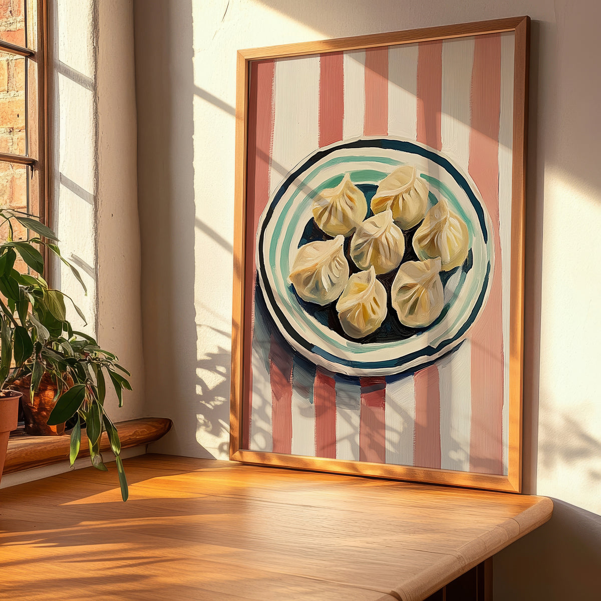 Dumplings – on Striped Tablecloth, Chinese Food Poster, clean layout with no caption