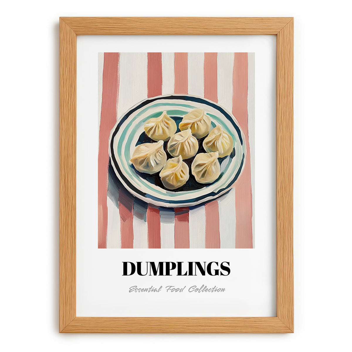 Dumplings – on Striped Tablecloth, Chinese Food Poster, set in oak frame
