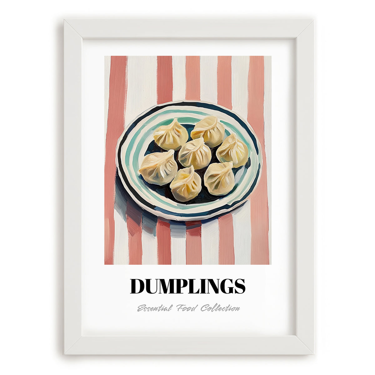 Dumplings – on Striped Tablecloth, Chinese Food Poster, placed in minimal white frame