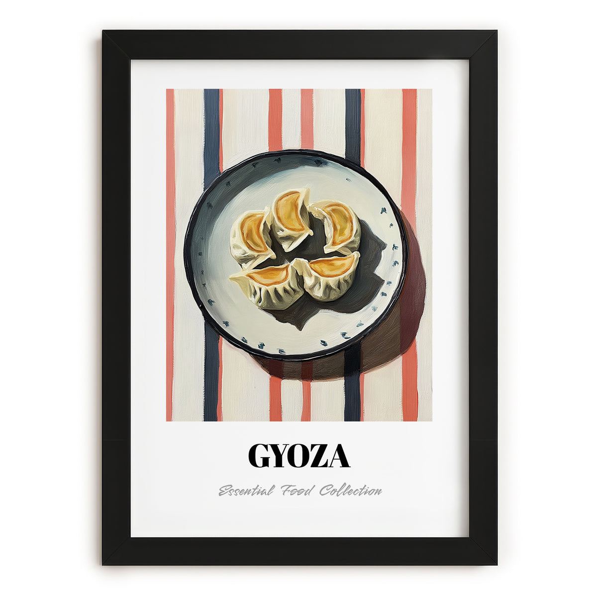 Gyoza – on Striped Tablecloth, Japanese Food Wall Art, in sleek black frame