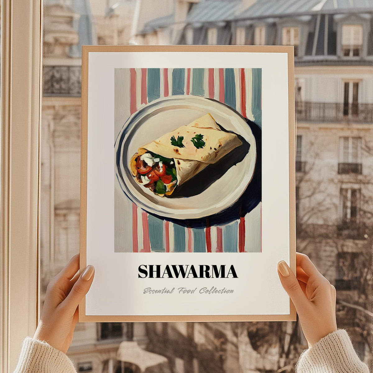 Shawarma – on Striped Tablecloth, Middle Food Print, styled in a charming Paris street view
