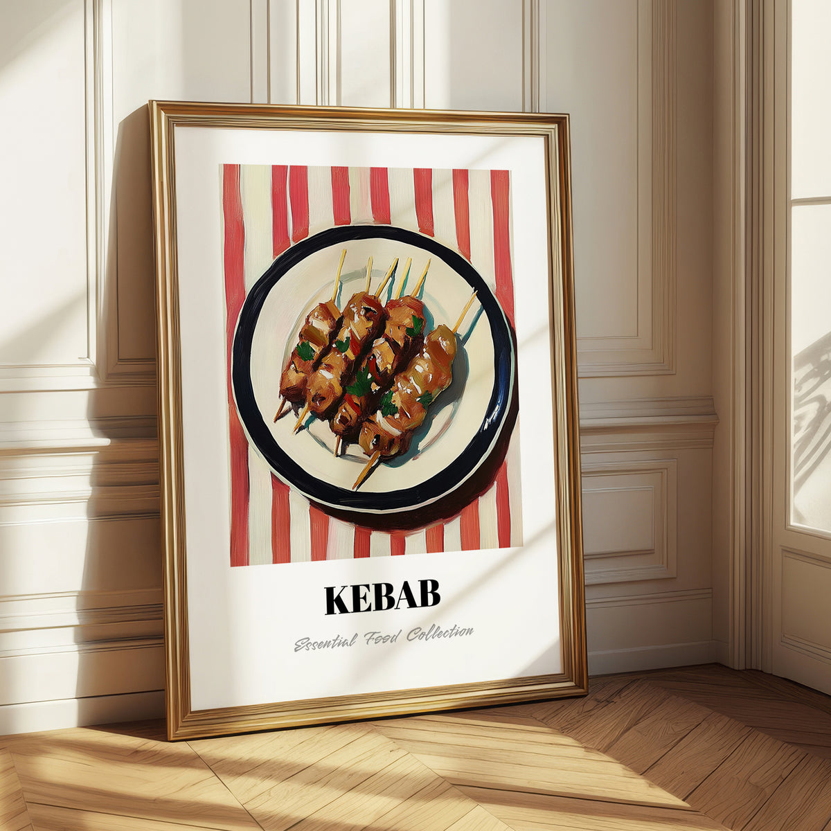 Kebab – on Striped Tablecloth, Turkish Food Painting