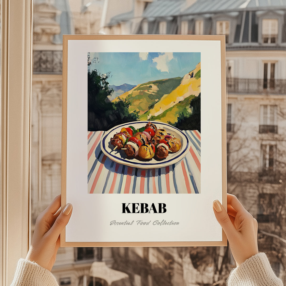 Kebab – Hilltop Table Scene, Turkish Food Poster, styled in a charming Paris street view
