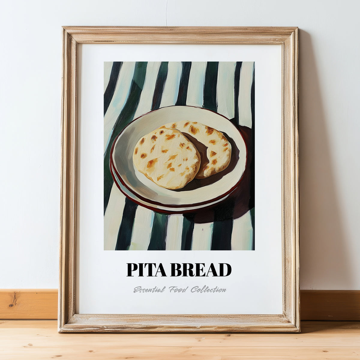 Pita Bread – on Striped Tablecloth, Greek Food Painting, in wooden frame leaning on the floor