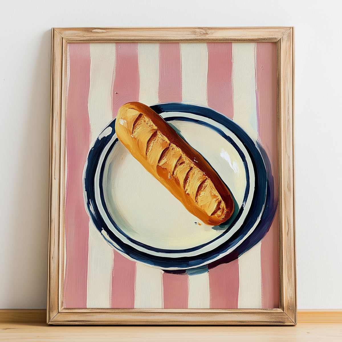Baguette – on Striped Tablecloth, French Food Print, no-text version framed in wood