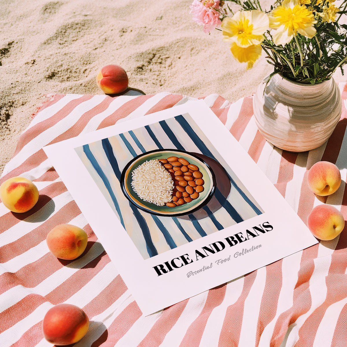 Rice And Beans – on Striped Tablecloth, Latin Food Wall Art, unframed on coastal sand