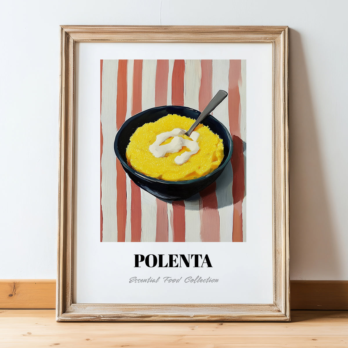 Polenta – on Striped Tablecloth, Italian Food Painting, in wooden frame leaning on the floor