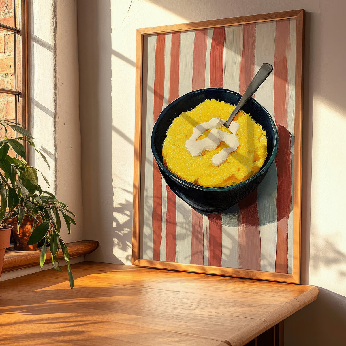 Polenta – on Striped Tablecloth, Italian Food Painting, clean layout with no caption