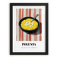 Polenta – on Striped Tablecloth, Italian Food Painting, in sleek black frame