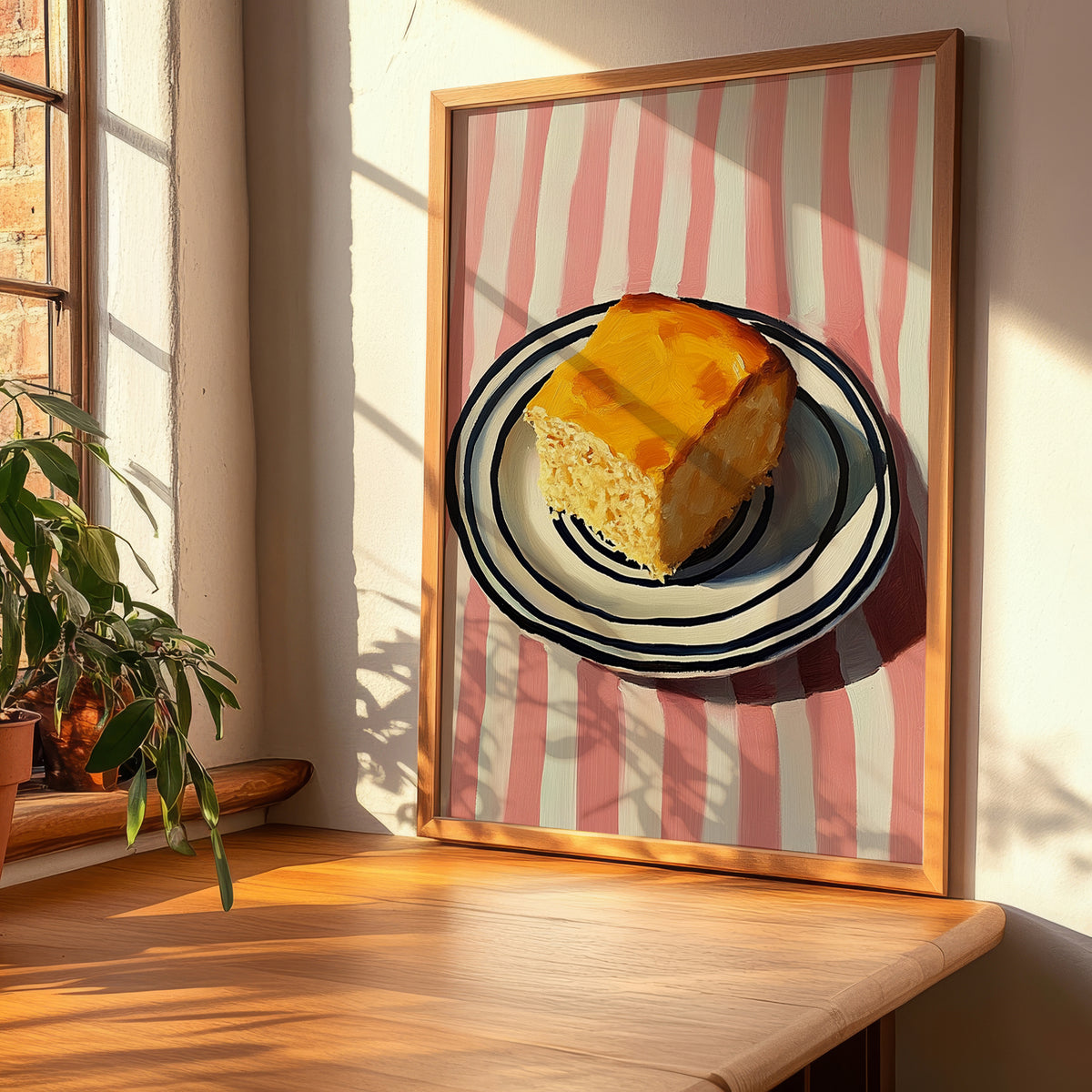 Cornbread – on Striped Tablecloth, American Pastry Print, clean layout with no caption