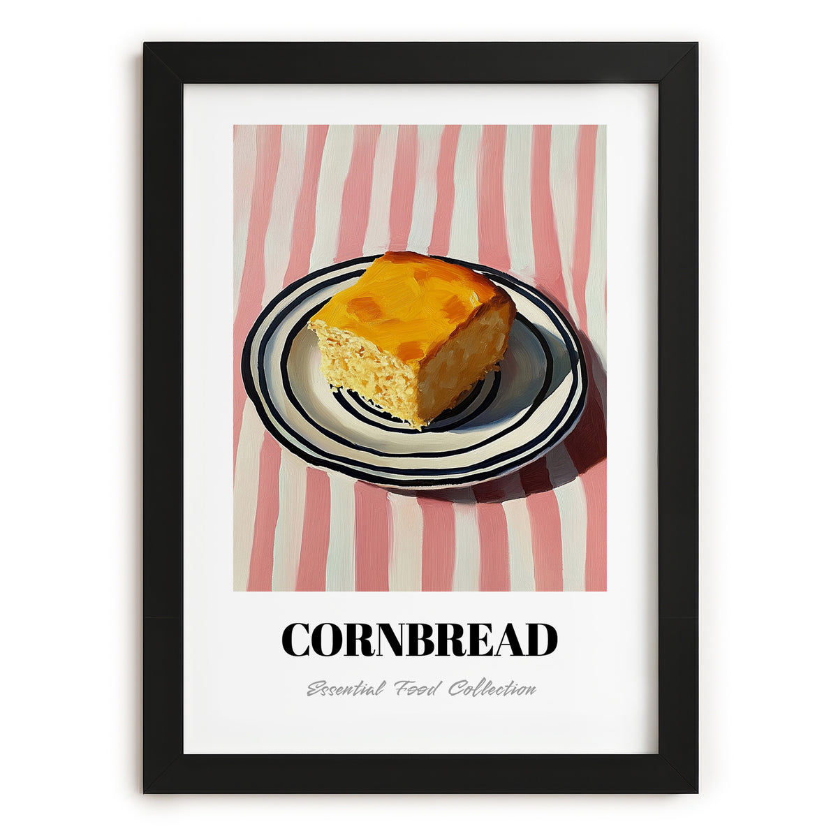 Cornbread – on Striped Tablecloth, American Pastry Print, in sleek black frame