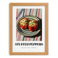 Stuffed Peppers – on Striped Tablecloth, Balkan Food Poster, set in oak frame