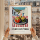Stuffed Peppers – White village Café on the Corner, Balkan Food Poster, styled in a charming Paris street view