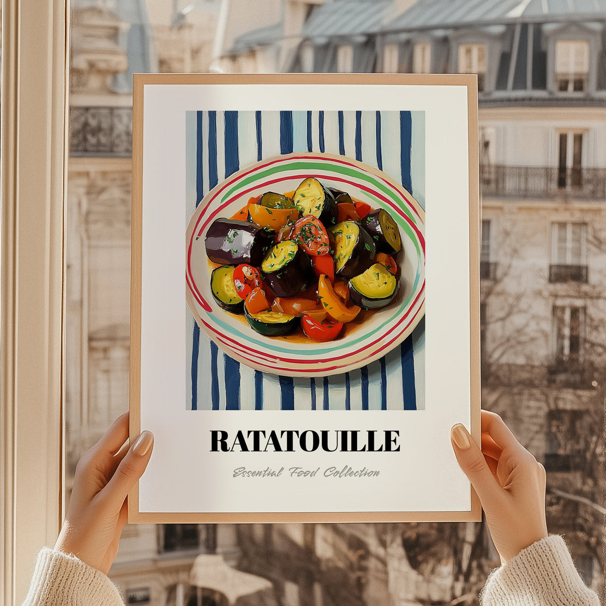 Ratatouille – on Striped Tablecloth, French Food Painting, styled in a charming Paris street view