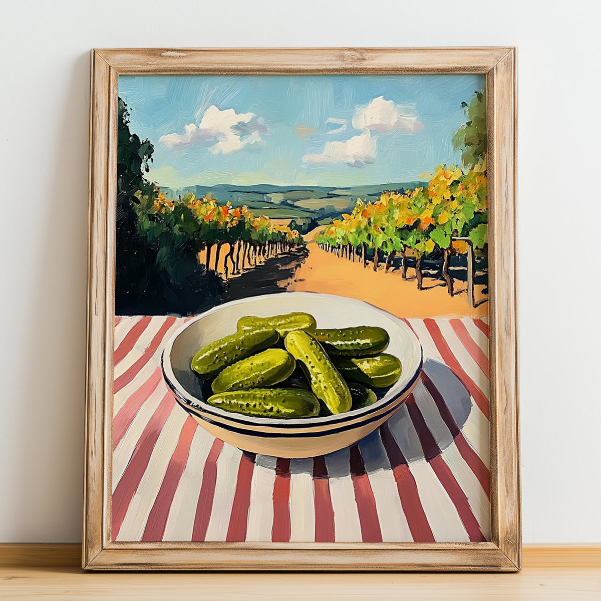 Pickles – Hilltop Table Scene, American Food Illustration, no-text version framed in wood