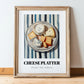 Cheese Platter – on Striped Tablecloth, French Cheese Still Life, in wooden frame leaning on the floor