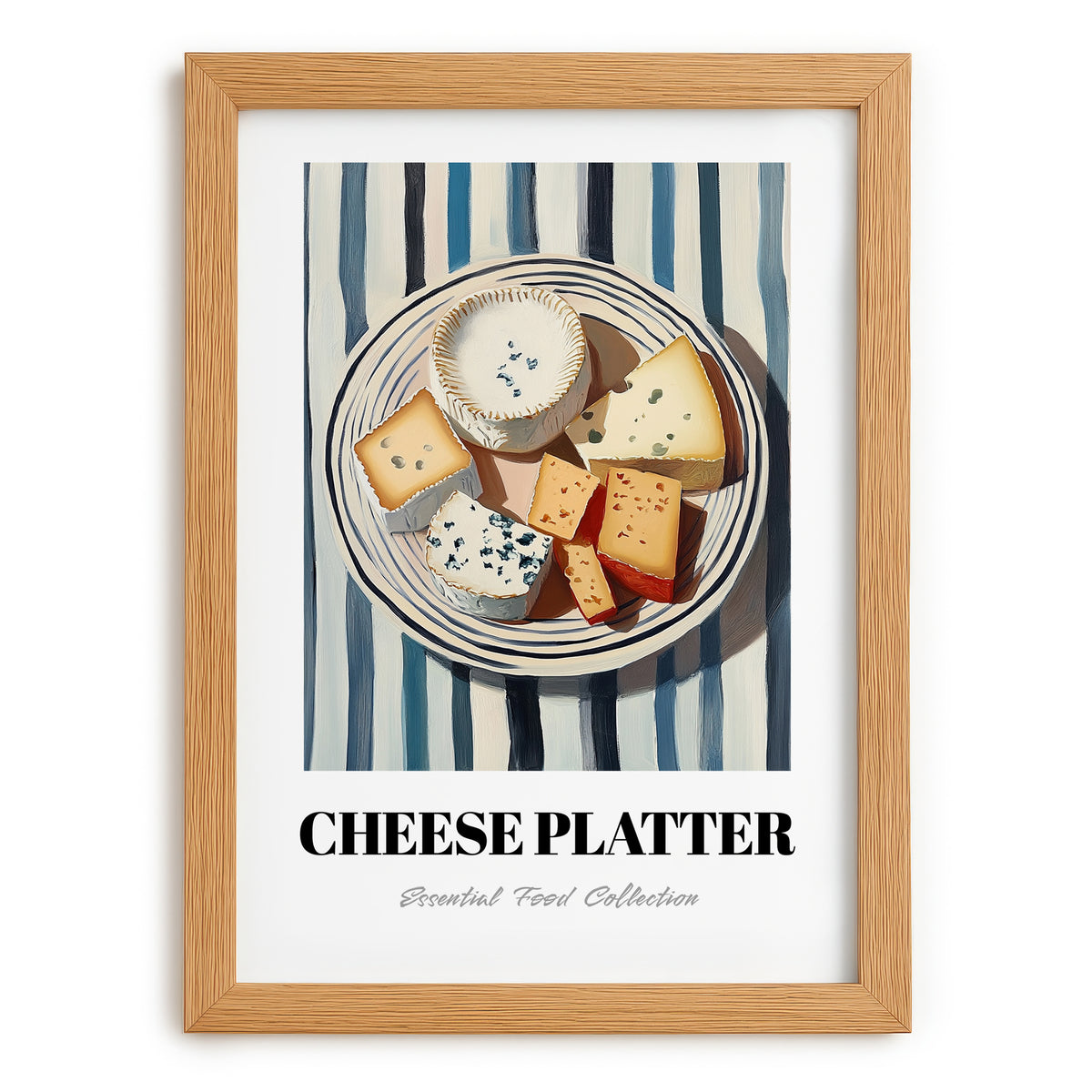 Cheese Platter – on Striped Tablecloth, French Cheese Still Life, set in oak frame