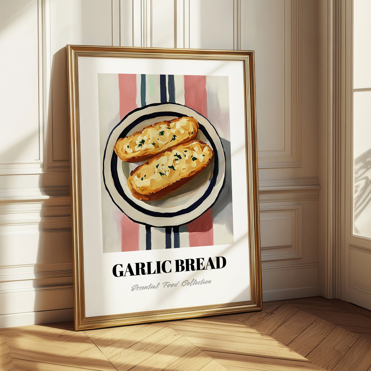 Garlic Bread – on Striped Tablecloth, Italian Food Wall Print