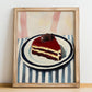 Chocolate Cake – on Striped Tablecloth, American Dessert Wall Illustration, no-text version framed in wood
