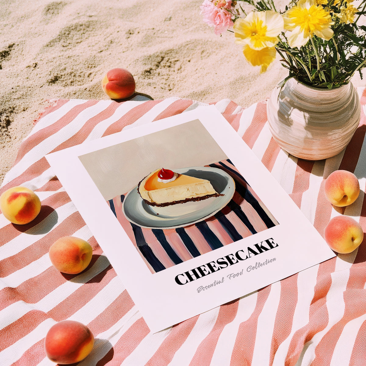 Cheesecake – on Striped Tablecloth, American Dessert Wall Decor, unframed on coastal sand