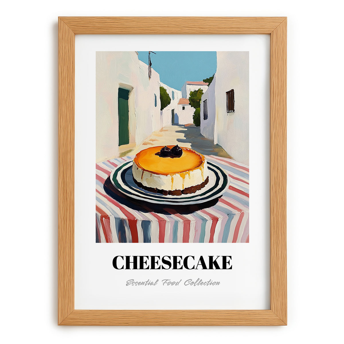 Cheesecake – White village Outdoor Café Scene, American Dessert Poster, set in oak frame