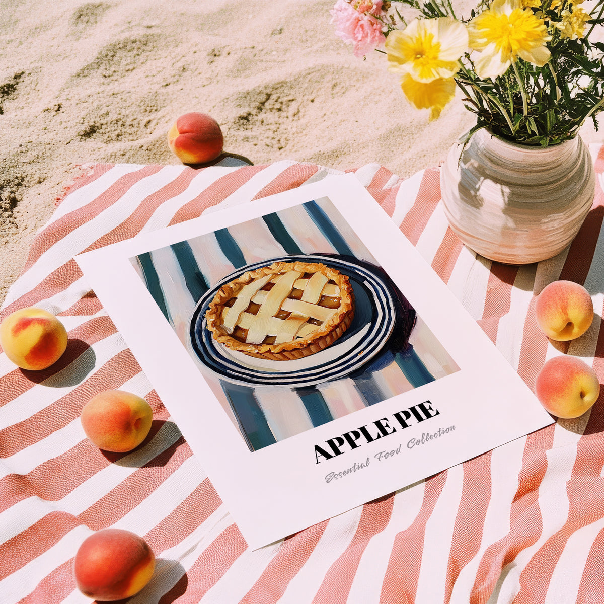 Apple Pie – on Striped Tablecloth, American Dessert Print, unframed on coastal sand