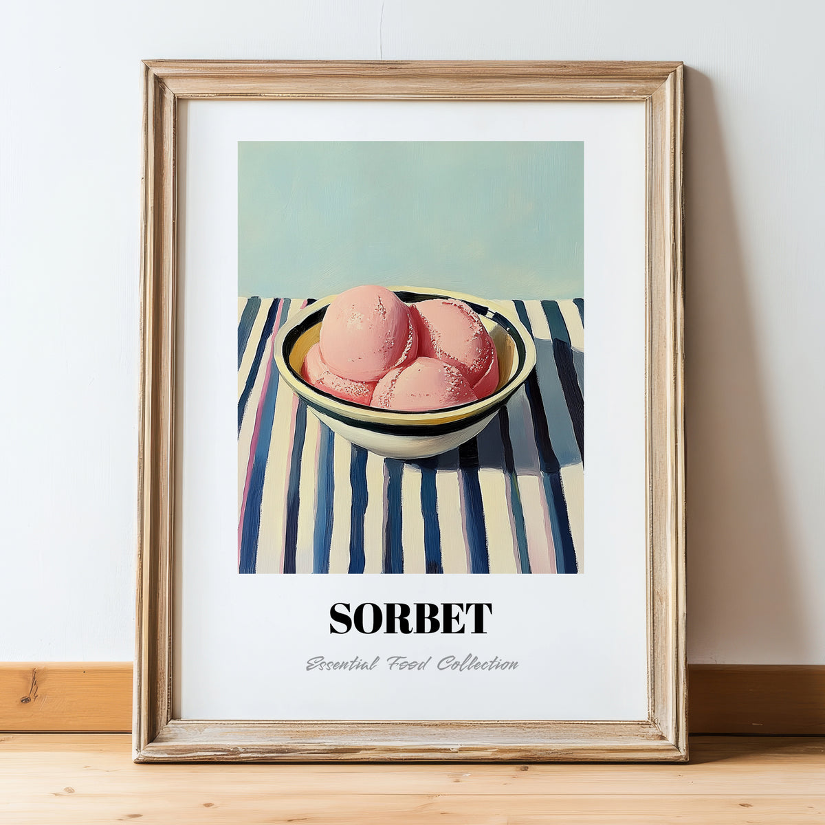 Sorbet – on Striped Tablecloth, French Ice Cream Painting, in wooden frame leaning on the floor
