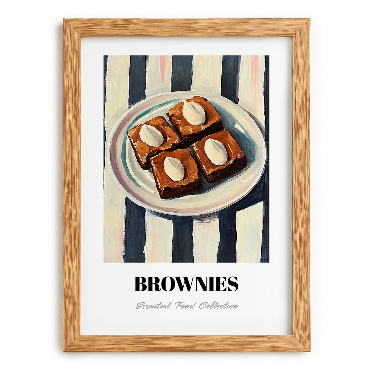 Brownies – on Striped Tablecloth, American Dessert Illustration, set in oak frame