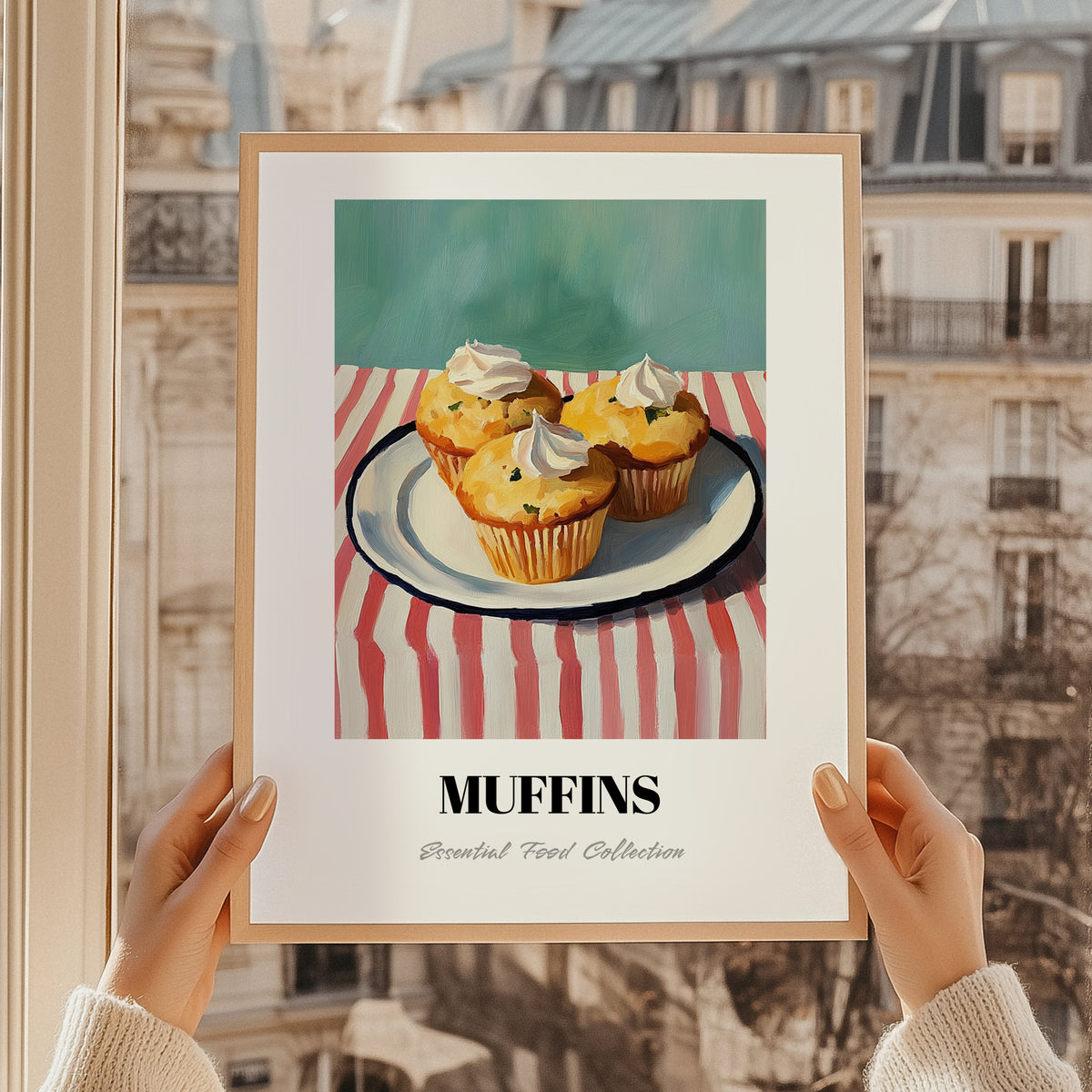 Muffins – on Striped Tablecloth, American Pastry Painting, styled in a charming Paris street view