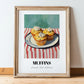 Muffins – on Striped Tablecloth, American Pastry Painting, in wooden frame leaning on the floor