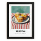 Muffins – on Striped Tablecloth, American Pastry Painting, in sleek black frame