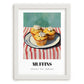 Muffins – on Striped Tablecloth, American Pastry Painting, placed in minimal white frame