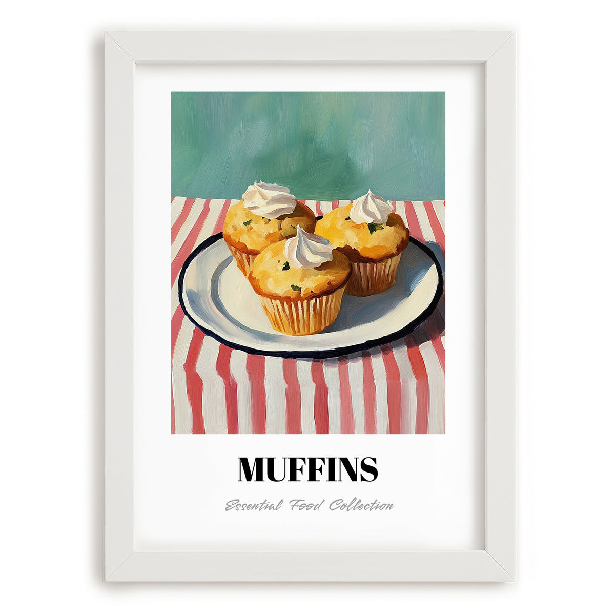 Muffins – on Striped Tablecloth, American Pastry Painting, placed in minimal white frame