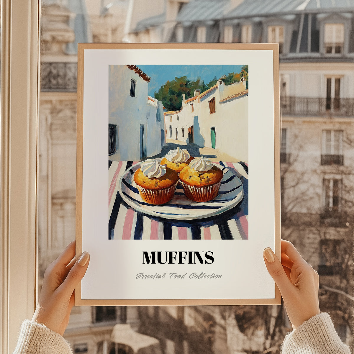 Muffins – White village Street Café Scene, American Pastry Print, styled in a charming Paris street view