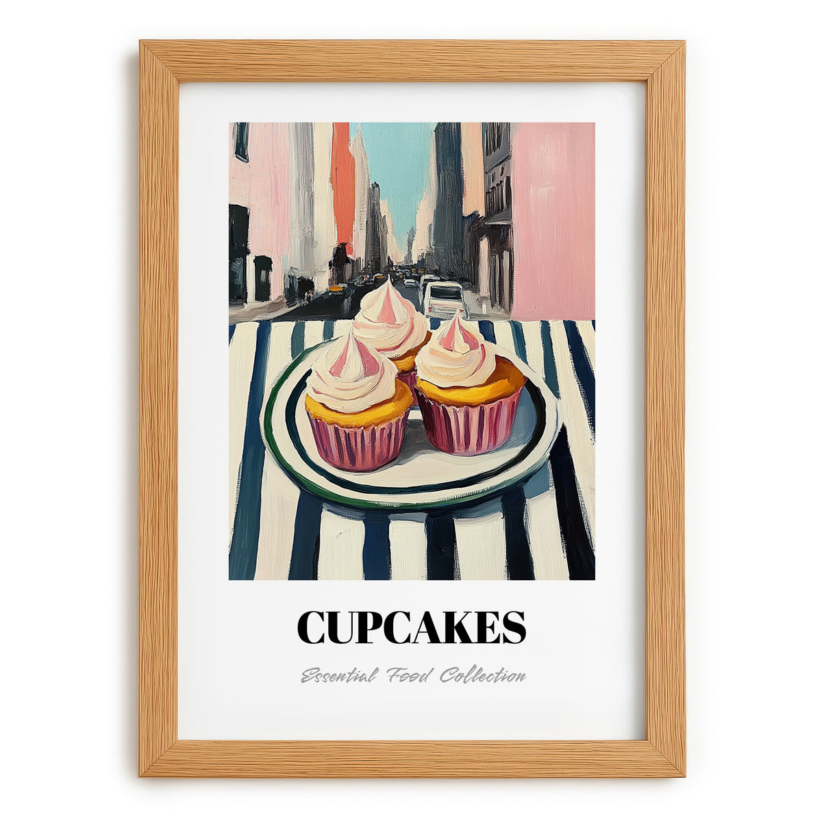 Cupcakes – New York Outdoor Café Scene, American Dessert Still Life, set in oak frame