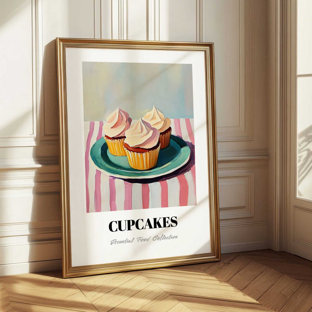 Cupcakes – on Striped Tablecloth, American Dessert Still Life 