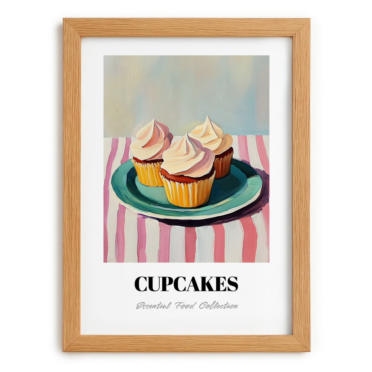 Cupcakes – on Striped Tablecloth, American Dessert Still Life, set in oak frame