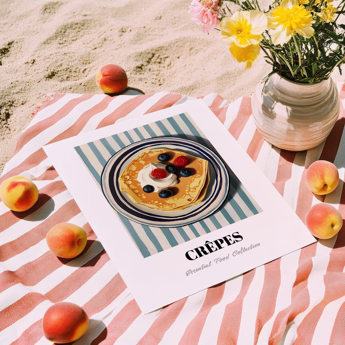 Crepes – on Striped Tablecloth, French French Pastry Still Life, unframed on coastal sand