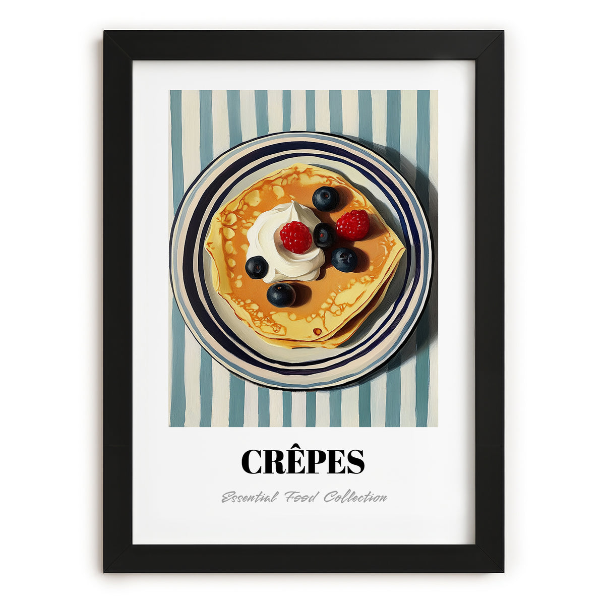 Crepes – on Striped Tablecloth, French French Pastry Still Life, in sleek black frame