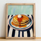Pancakes With Syrup – on Striped Tablecloth, American Pastry Wall Decor, no-text version framed in wood